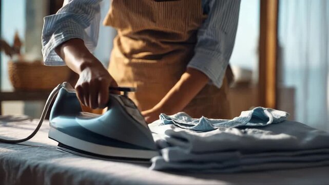 Individual in an apron is ironing a stack of neatly folded shirts on a table, showcasing the process of garment care, with a gentle camera zoom in on the action