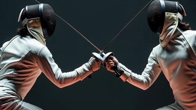 Fencing match duel with swords highlighting dynamic tension precision in competitive sport
