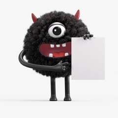 Fluffy, cute monster holds a blank sign, symbolizes information and advertising display. 3D rendering, conceptual image. Isolated on white background.