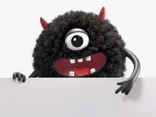 Fluffy, cute monster holds a blank sign, symbolizes information and advertising display. 3D rendering, conceptual image. Isolated on white background.