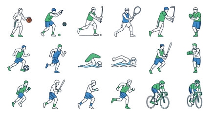 Fototapeta premium Diverse athletic pursuits depicted in dynamic minimalist line drawings vector graphics