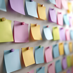 Colorful Sticky Notes on Wall - Creative Brainstorming and Organization Concept with Pastel Post-It Notes