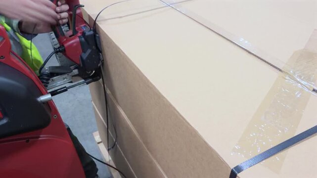 worker using strapping tools to secure boxes in warehouse