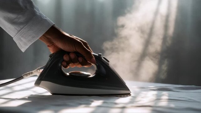 Hand of an African American man holding a steam iron, gliding over a wrinkled fabric, showcasing the ironing process with gradual steam release, camera zooms in