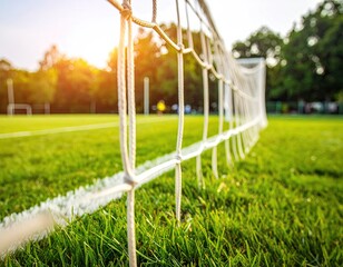 Close Up View of Football Goal Net on Grassy Field with Bright Sunlight and Trees in Background