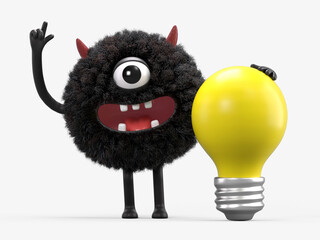 Fluffy, cute monster with a lightbulb, symbolizing ideas and innovation. 3D rendering, conceptual image. Isolated on white background.