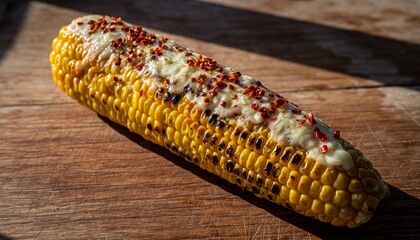 Mexican Elote Grilled Street Corn Slathered in Creamy Sauce Cotija Cheese and Chili Powder