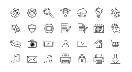 Collection of minimalist line art icons representing technology settings and communication