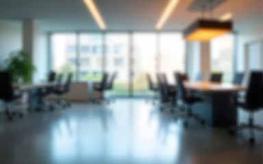Blurred empty open space office. Abstract light bokeh at office interior background. High quality