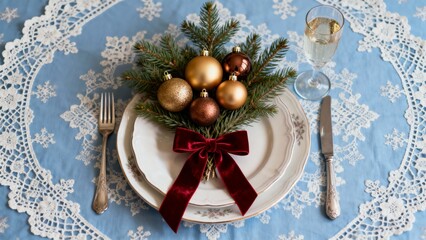 Luxury New Year Table Setting. Overhead View of Christmas Decor with Gold Ornaments, Spruce Branches, Red Velvet Ribbon and Champagne Flute on Vintage Blue Background.