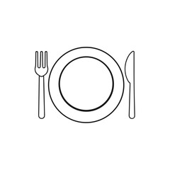 Minimalist outline icon of plate, fork, and knife dining set.