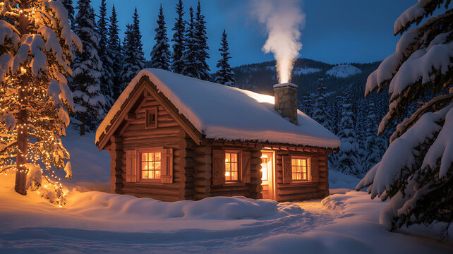 Cozy wooden cabin with glowing windows in a snowy forest at dusk log cabin winter