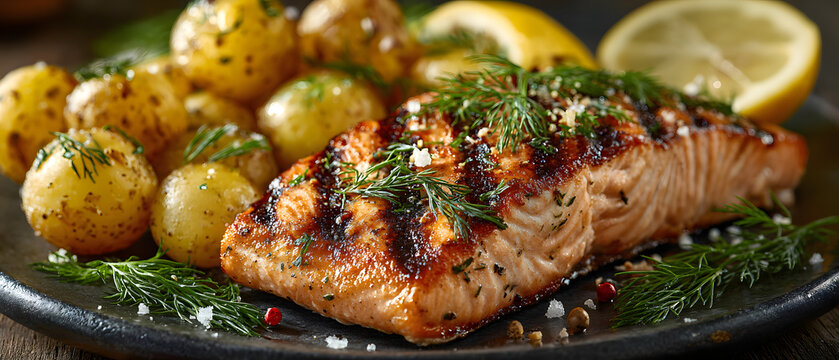 Grilled salmon fillet served with baby potatoes, garnished with lemon and dill, showcasing rich colors and textures for food enthusiasts