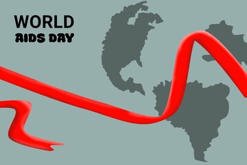 World AIDS Day awareness illustration with red ribbon over world map background