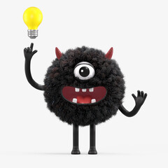 Fluffy, cute monster with a lightbulb, symbolizing ideas and innovation. 3D rendering, conceptual image. Isolated on white background.