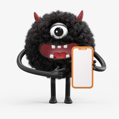 Fluffy, cute monster holding a phone, symbolizing tech support or communication. 3D rendering, conceptual image. Isolated on white background.