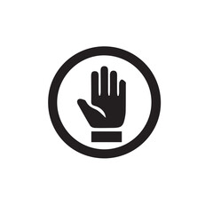 Obraz premium A black and white icon featuring an open hand gesture inside a circular border, symbolizing stopping, warning, or holding