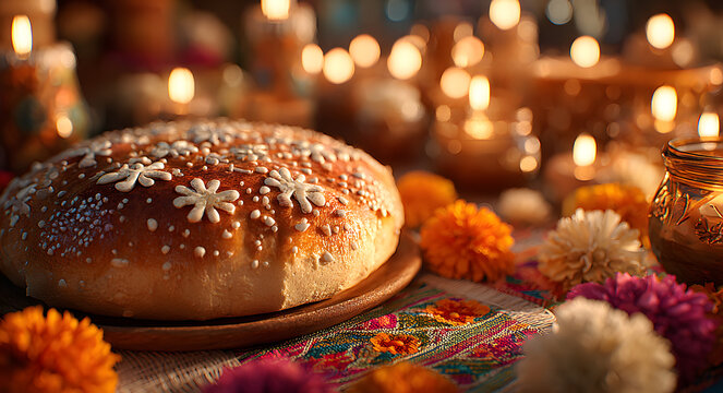 Traditional pan de muerto with marigold flowers and candles for dia de los muertos celebration. concept of mexican culture, ancestral tradition, festive bread