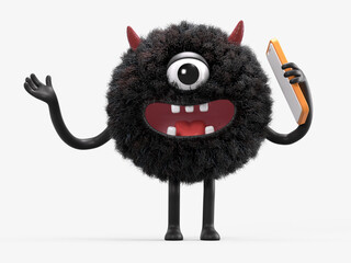 Fluffy, cute monster with a phone, symbolizes tech-savvy assistance. 3D rendering, conceptual image. Isolated on white background.