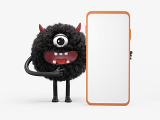 Fluffy, cute monster with a smartphone, symbolizing modern communication. 3D rendering, conceptual image. Isolated on white background.