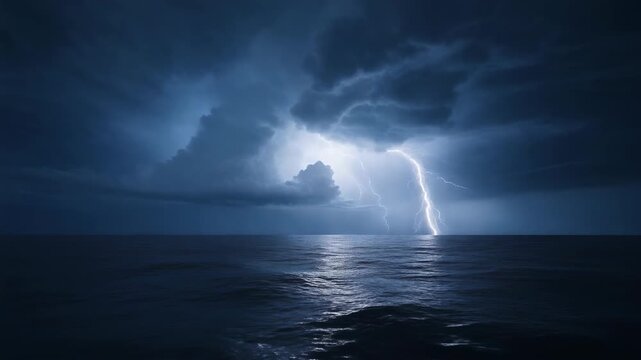 Dramatic Ocean Storm Lightning Strike Dark Clouds Over Water Reflecting Light Power of Nature Epic Weather Event