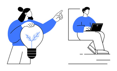 Woman holding illuminated lightbulb with tree design, pointing forward, while man works on laptop. Ideal for teamwork, innovation, creativity, brainstorming, technology, leadership productivity