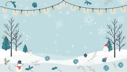  template featuring a serene winter holidays background with a flat design style, incorporating gentle snowflakes, bare trees, and warm festive lights With png Transparent 