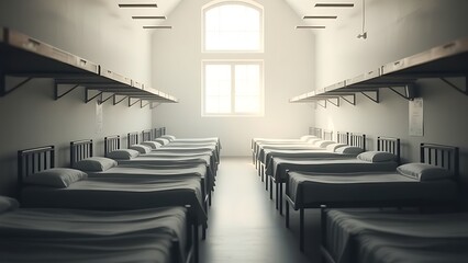 pudica. Military barracks with rows of empty beds in soft morning light. real-estate listings, architecture portfolios, designed for architectural facade and classical detail presentations.