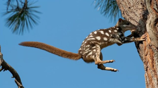 Playful quoll leaping through sunny forest with open mouth