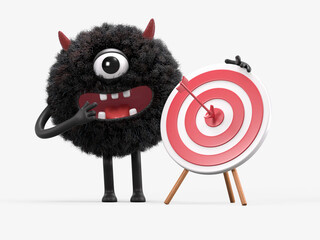 Fluffy, cute monster with a target, symbolizing goals or achievements. 3D rendering, conceptual image. Isolated on white background.