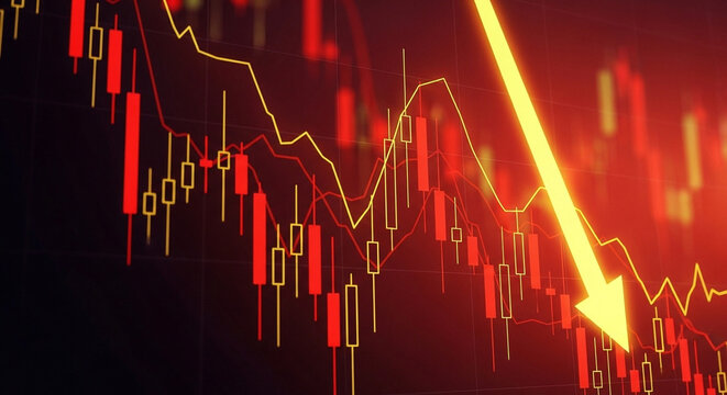 Financial Downturn with Stock Market Candlestick Chart and Downward Arrow