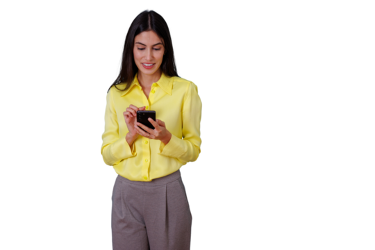 Woman using mobile phone for communication and technology, happy businesswoman texting, browsing, and connecting, transparent background