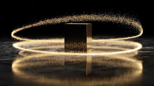 Mystical floating cube with golden particle halo in dark atmosphere
