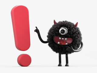 Fluffy, cute monster with an exclamation mark, symbolizing attention or warning. 3D rendering, conceptual image. Isolated on white background.