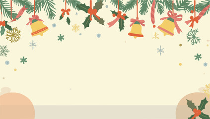 Vector template Christmas decoration background featuring a flat design with bold lines, minimalist shapes, and vibrant colors, incorporating festive