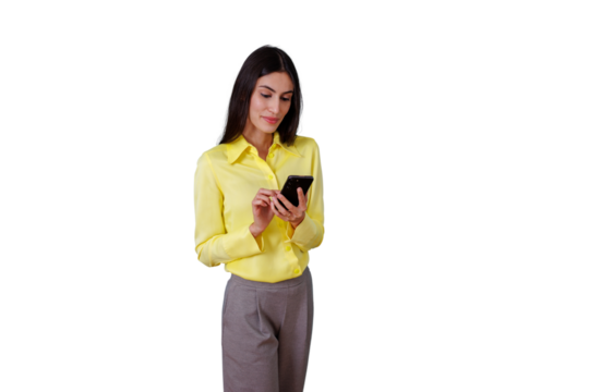 Businesswoman standing and using smartphone for texting, communicating, and networking with transparent background