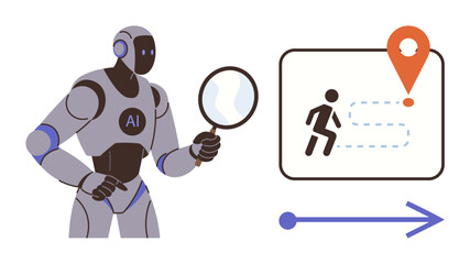AI robot holding magnifying glass, map with route and destination pin, arrow indicating progress. Ideal for technology, AI, automation, navigation, robotics innovation machine learning. Simple flat