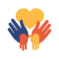 Caring hands of adults and children holding a vibrant heart icon