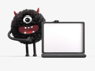 Fluffy, cute monster presenting a laptop, symbolizing tech support or digital learning. 3D rendering, conceptual image. Isolated on white background.