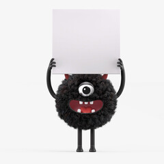 Fluffy, cute monster holds a blank sign, symbolizes information and advertising display. 3D rendering, conceptual image. Isolated on white background.
