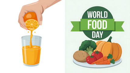 A vibrant world food day illustration featuring fresh orange juice being poured into a glass, alongside a colorful display of fruits and vegetables