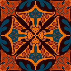 seamless abstract pattern,blue, black, orange curves ,painted create to flowershape, leaves, brown background in geometric patterns as sarong,fabric,tile,printed fabric,batik,tablecloth patterns.