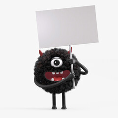 Fluffy, cute monster holds a blank sign, symbolizes information and advertising display. 3D rendering, conceptual image. Isolated on white background.