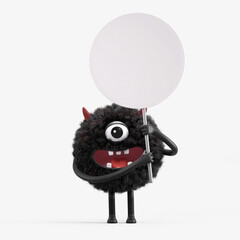 Fluffy, cute monster holds a blank sign, symbolizes information and advertising display. 3D rendering, conceptual image. Isolated on white background.