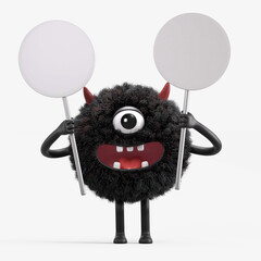 Fluffy, cute monster holds a blank sign, symbolizes information and advertising display. 3D rendering, conceptual image. Isolated on white background.