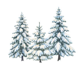 Watercolor snow-covered evergreen trees, snowy Christmas tree, winter forest