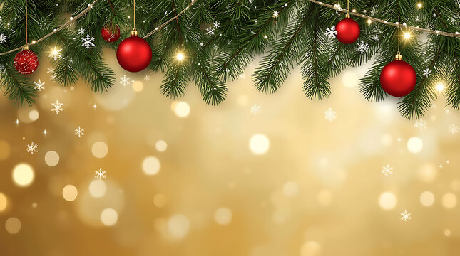 Abstract cozy Christmas scene with overlapping pine branches, sparkling red baubles, delicate snowflakes, soft warm golden gradient space at bottom for text