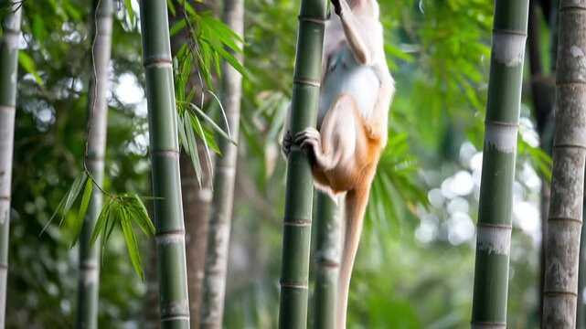 White monkey climbing bamboo in lush tropical rainforest