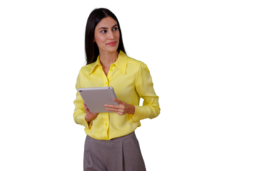 Businesswoman in yellow shirt holding tablet, looking away with thoughtful expression, on transparent background