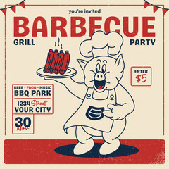 Vintage barbecue party poster featuring pig chef holding grilled ribs with distressed texture. Retro BBQ design with bold typography for event promotion and restaurant marketing.